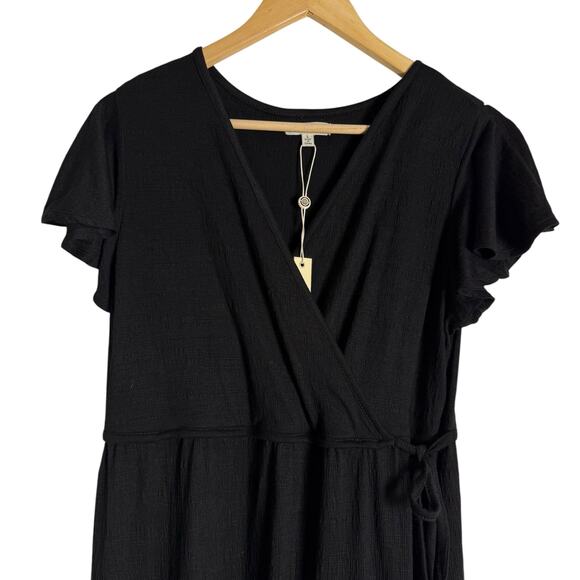 Max Studio Solid Black Flutter Short Sleeve Faux Wrap Midi Dress Size Large